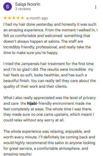 Client review of hijabi friendly salon Birmingham city centre 1